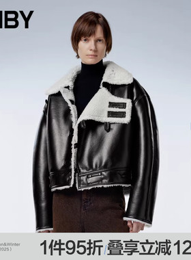 JNBY/江南布衣秋冬仿皮草夹克外套宽松翻领休闲短上衣女5NAA13840