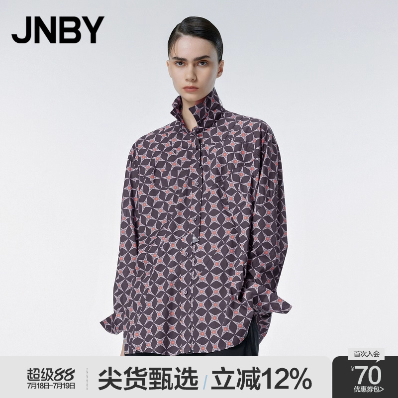 JNBY/江南布衣春秋衬衫宽松几何图案Liberty印花棉质翻领长袖上衣
