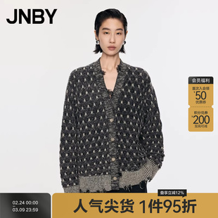 JNBY/江南布衣秋冬含羊毛针织衫女格纹中长款开襟毛衫5O0313470