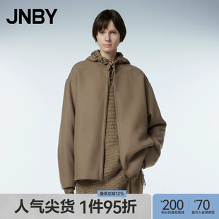 JNBY/江南布衣秋冬连帽毛呢夹克外套女中长款双面呢大衣A型卫衣式