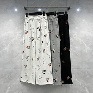 卡通风米奇印花休闲裤 女高腰抽绳收脚直筒显瘦百搭阔腿裤