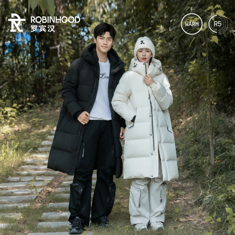 罗宾汉三防户外运动长款过膝鸭绒羽绒服2025新款加厚简约百搭外套