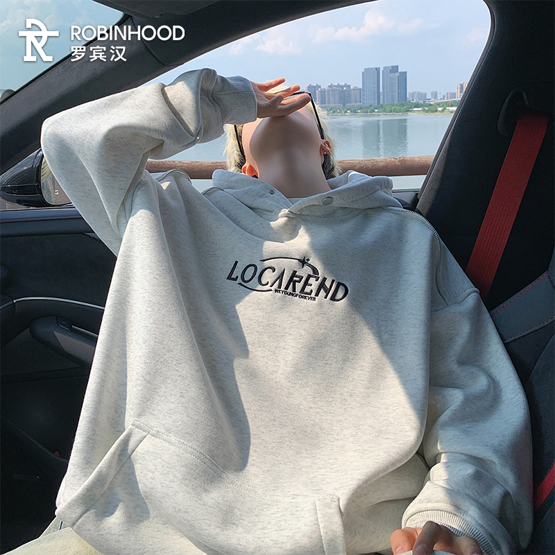 罗宾汉美式休闲卫衣潮流肩上拉链