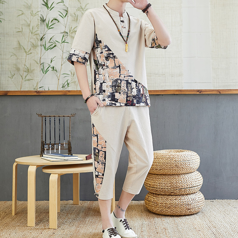 Summer short sleeve T-shirt linen suit men's Chinese style cotton hemp men's casual Hanfu