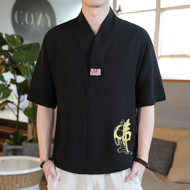 Retro Style Men's Chinese Cotton Linen Shirt Short Sleeve T-Shirt summer linen embroidery Chinese style