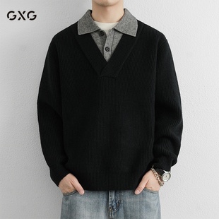 GXG男装假两件翻领内搭针织衫男2025新款高端休闲时尚拼接毛衣