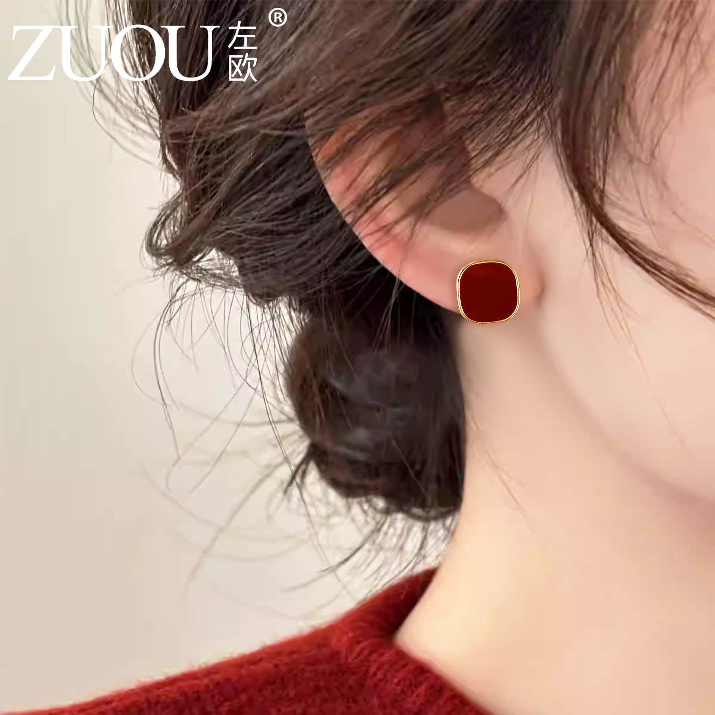 显白提气色红耳钉S925银针防过敏