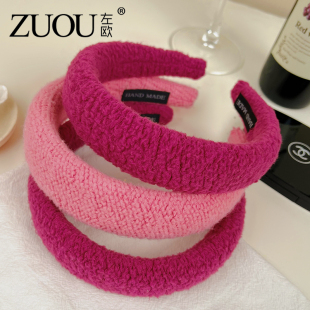 秋冬高颅顶发箍女款 海绵高级感头箍羊羔毛粉红色毛绒发卡2025新款