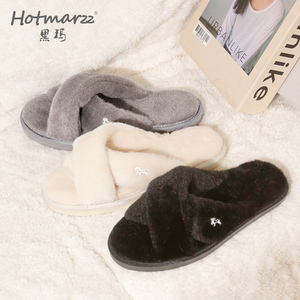 hotmarzz/黑玛毛毛拖鞋女外穿2023新款秋冬厚底交叉黑色毛毛棉拖
