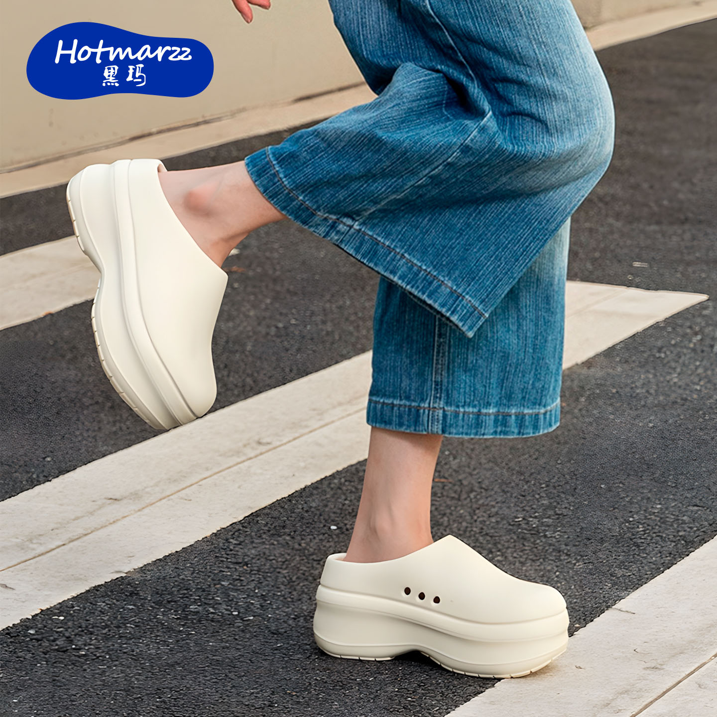 hotmarzz/黑玛厨师鞋防水洞洞鞋女外穿厚底内增高凉鞋包头半拖鞋