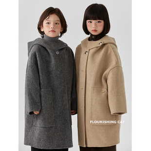 100%羊毛羊绒儿童大衣2024秋冬季 男童女童连帽毛呢外套呢大衣 新款