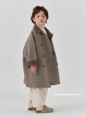 羊绒儿童格子呢大衣2024冬季新款羊毛男童女童双面中长款毛呢外套