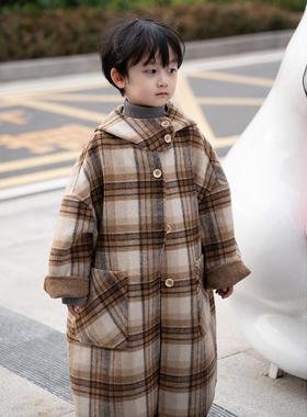 羊绒儿童格子呢大衣2024秋冬季新款高端羊毛男童女童双面毛呢外套