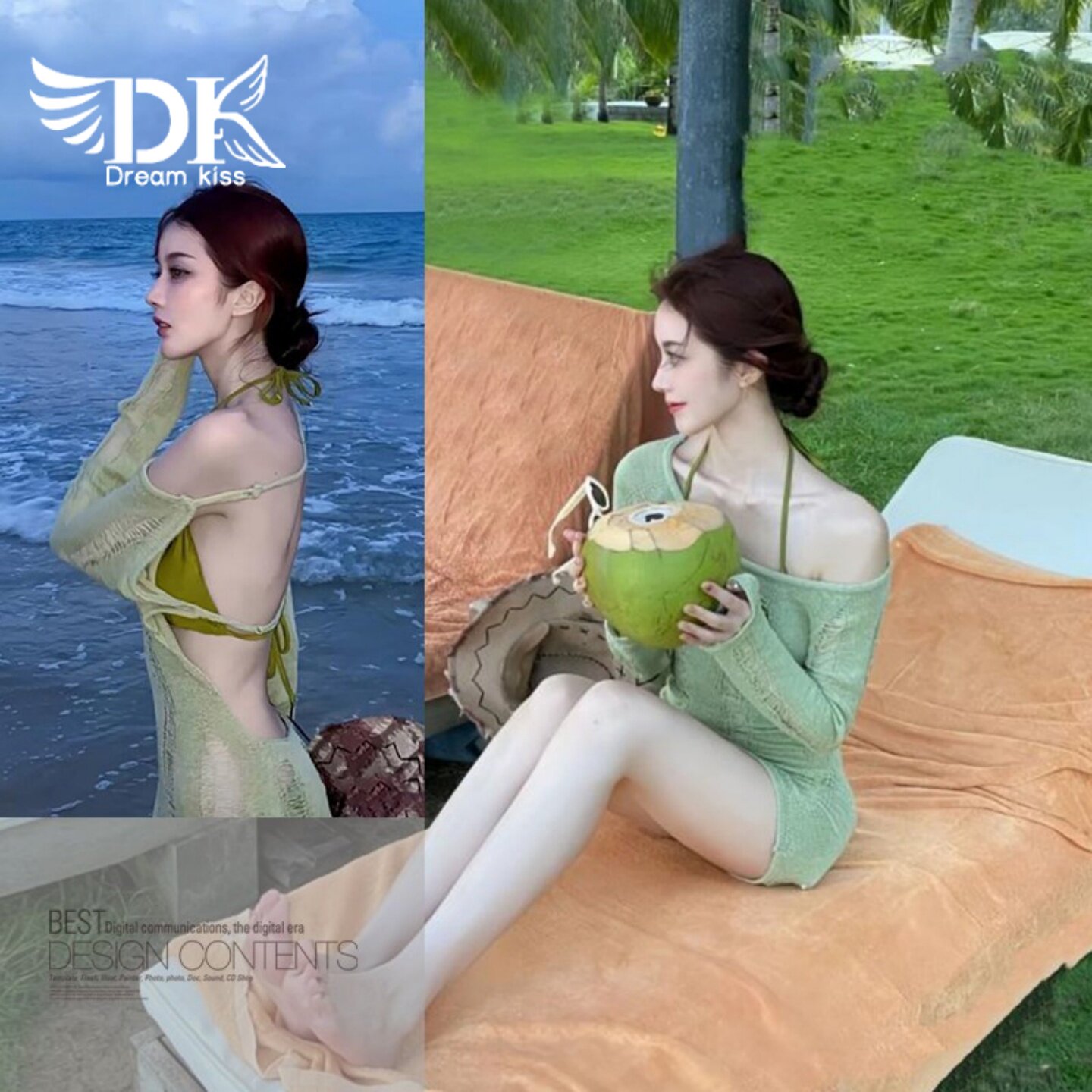 DK游泳衣女绿色针织比基尼泳装