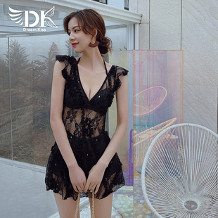DK温泉泳衣女2024新款 仙女范保守游泳装 性感遮肚显瘦韩国连体裙式