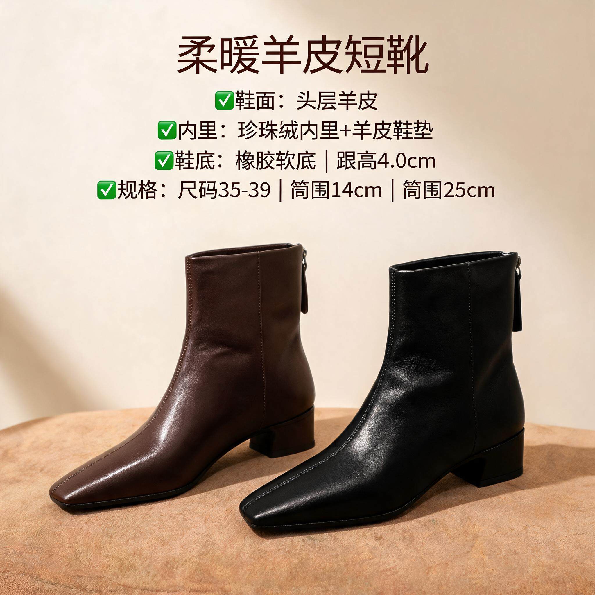 头层羊皮短靴子女显瘦气质通勤韩版真皮复古方头后拉链短筒低跟