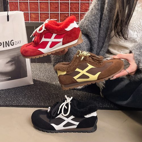 牛皮红色加绒德训鞋女2025冬季新