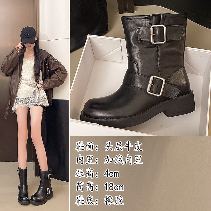 牛皮马丁靴女款加棉冬季真皮软皮英伦风真皮机车靴加绒靴子中筒靴