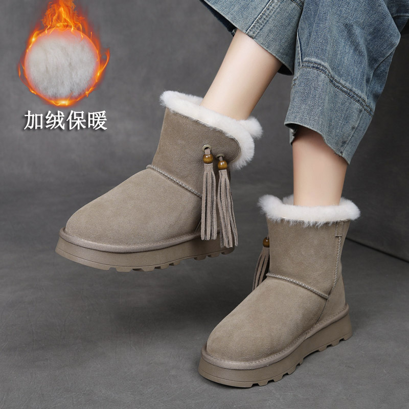 真皮2025新款时尚真皮流苏羊毛靴