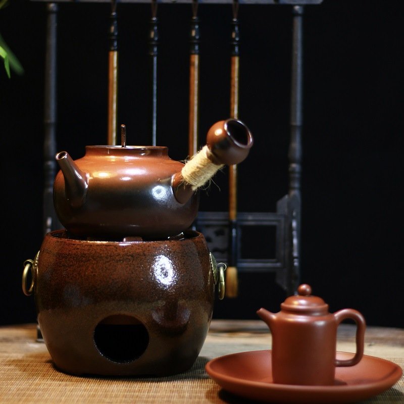 进口砂铫烧水潮汕功夫茶窑变圆钟砂铫壶朱泥陶壶煮水煮茶壶户外
