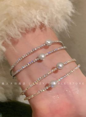 气质拿捏～珍珠锆石精致爆闪双层开口手镯女小众轻奢时尚闺蜜手环
