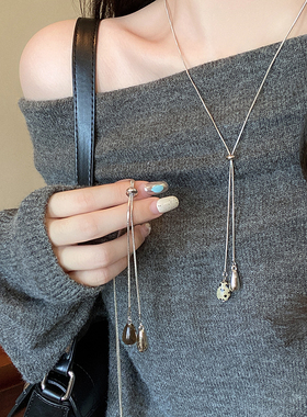 虎眼石水滴抽拉项链女2025新款爆款轻奢小众设计感长款毛衣链配饰