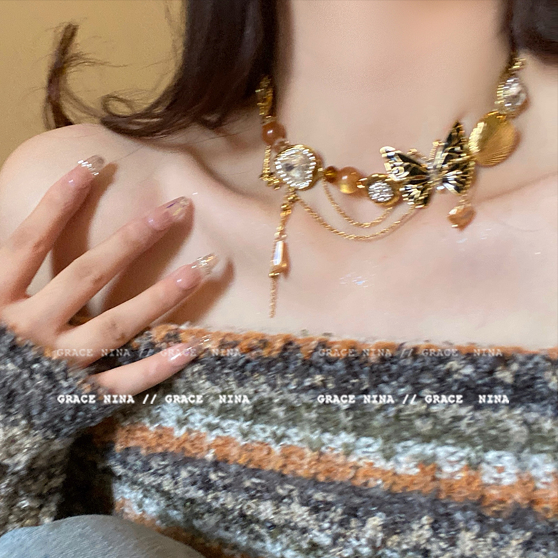 复古氛围感_重工蝴蝶项链轻奢小众毛衣锁骨链女高级感美拉德配饰