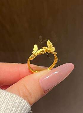 爆闪古法沙金黄色蝴蝶戒指女小众设计轻奢高级感气质开口食指戒环