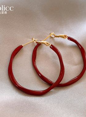 复古不规则红色圈圈耳环女高级感轻奢耳钉2025新款方圆脸素圈耳饰
