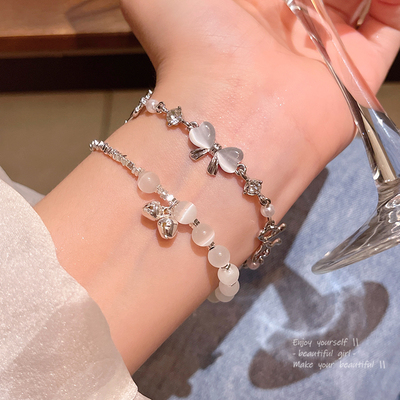 碎银拼接猫眼石铃铛串珠手链