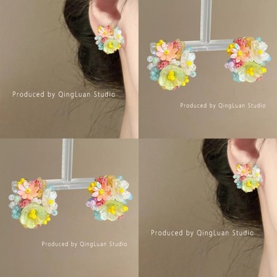 虞书欣同款度假风立体花朵耳钉女2025新款多巴胺春夏串珠耳环耳饰