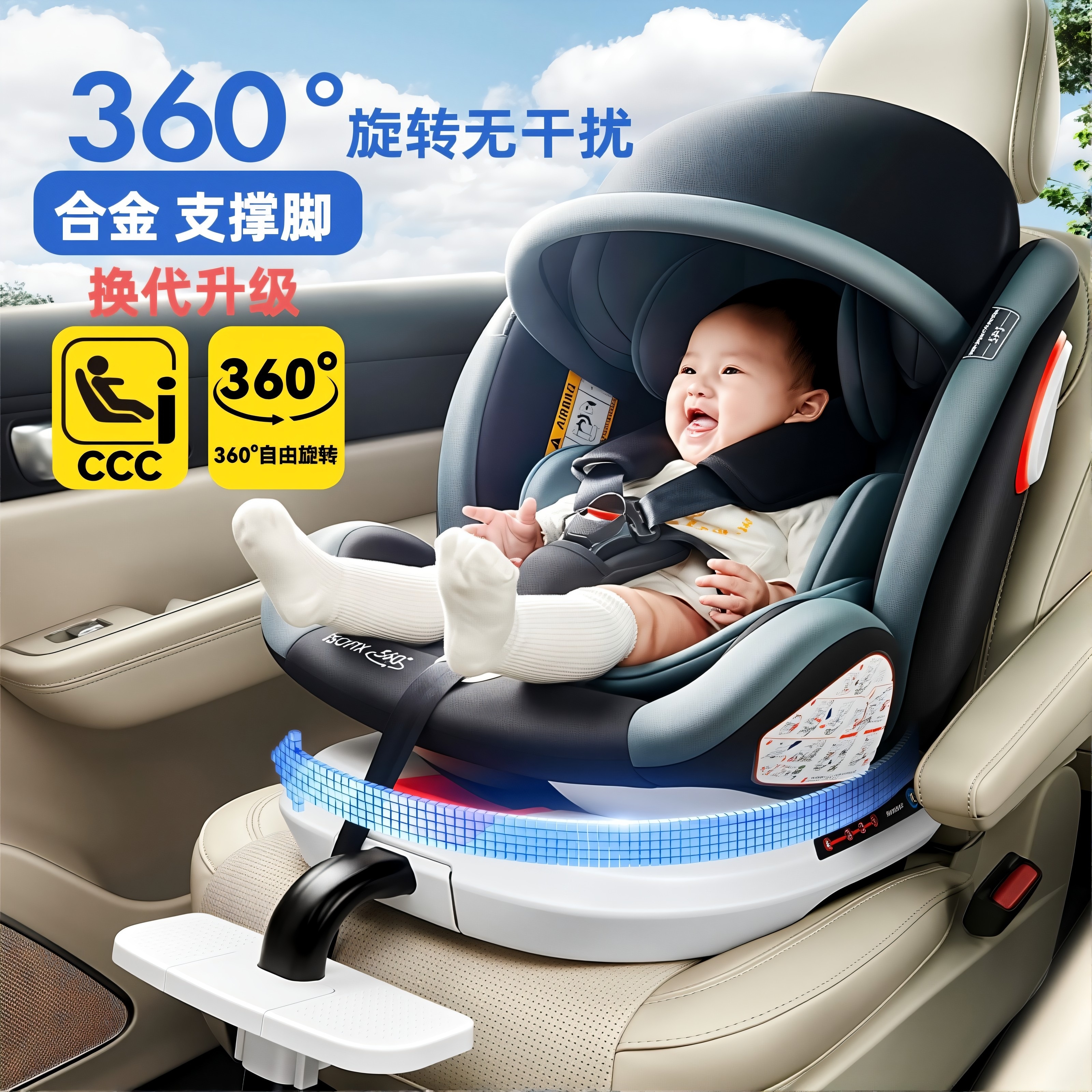 兒童安全座椅汽車用0--12歲360度旋轉(zhuǎn)抗翻轉(zhuǎn)支撐腿遮陽棚正反坐躺