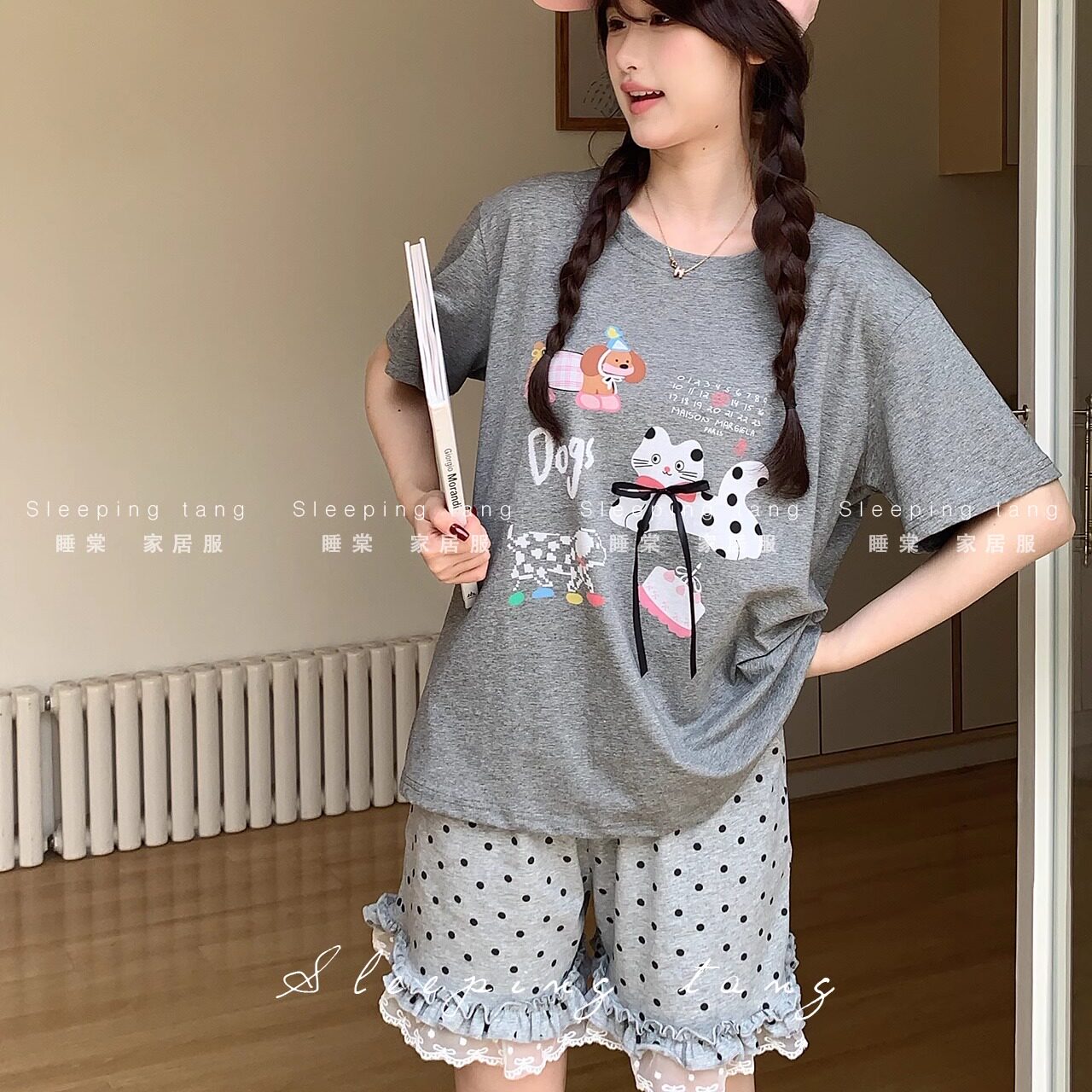 夏季新款蕾丝边波点短裤女款上衣短袖可外穿家居服睡衣套装