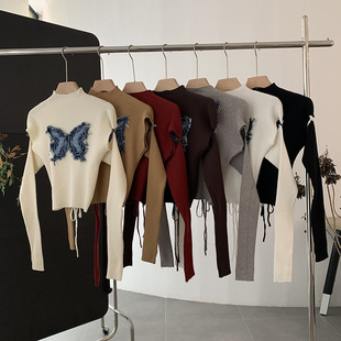 2023新款打底衫早秋立体蝴蝶袖套针织衫女修身显瘦后背系绳上衣