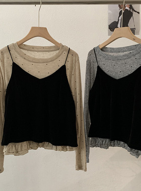 2025黑色丝绒吊带背心搭圆领波点长袖T恤两件套上衣2件套女