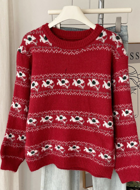 韩系费尔岛复古提花红色套头2025冬季女保暖宽松休闲显瘦毛衣