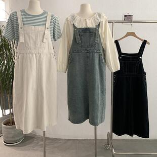 2025春季复古学院风宽松显瘦中长款直筒连衣裙牛仔简约背带裙
