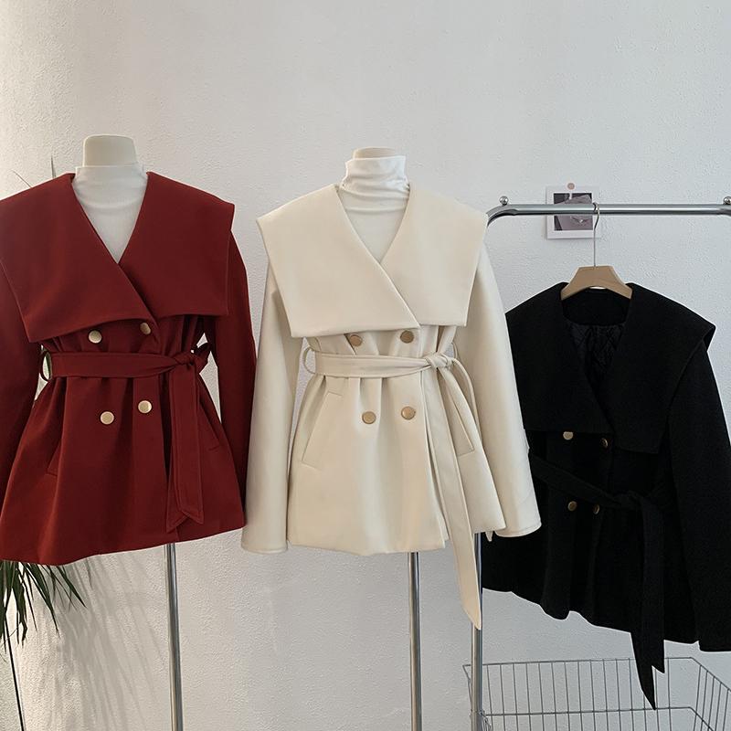 毛呢外套海军领收腰夹棉韩系风