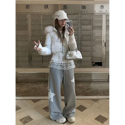 设计感星星贴布波点满印阔腿裤女秋冬款显瘦慵懒风宽松轻亚休闲裤