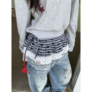 EAHO美式复古星星网纱拼接腰封女春秋设计感小众百搭时髦屁帘短裙