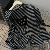 2025亚文化y2k千禧宅系永远幸福条纹刺绣T恤女设计感长袖 上衣