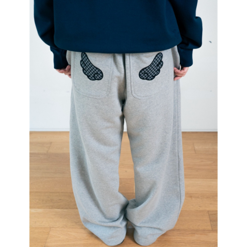 秋冬季复古运动休闲裤女宽松美式翅膀贴布垂感直筒阔腿长裤子潮