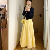 黄色多巴胺半身裙女夏秋2026新款 小个子a字长裙赫本风伞裙山本裙