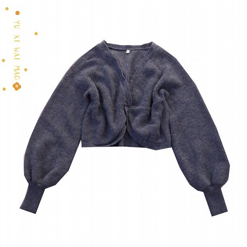 纯色V领前胸交叉针织衫套头衫