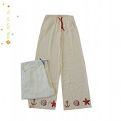 春夏新款 D13 高腰刺绣长裤 欧美女士松紧腰系绳麻混纺直筒裤