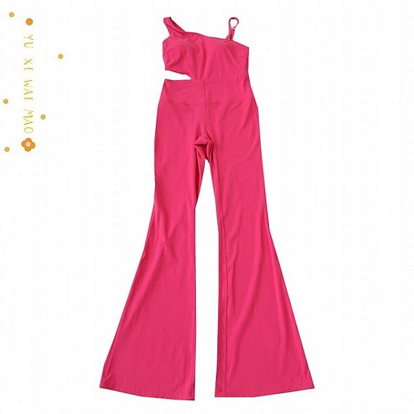 春夏新款欧美女士性感露背斜切吊带瑜伽连体裤 高腰微喇长裤D11