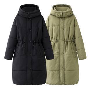 保暖棉衣 女双层连帽长袖 中长收腰暖和棉服外套A1 新欧美大码 冬季