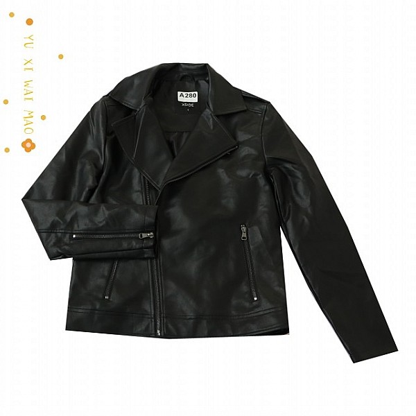 翻领长袖PU皮修身夹克斜拉链