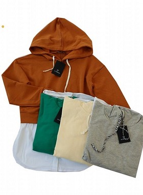 春秋新款女士连帽落肩九分假两件卫衣 少女装拼色套头衫B13