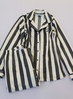 春秋新欧美女士翻领长袖细绒条纹家居套装 松紧高腰单排扣睡衣C0C